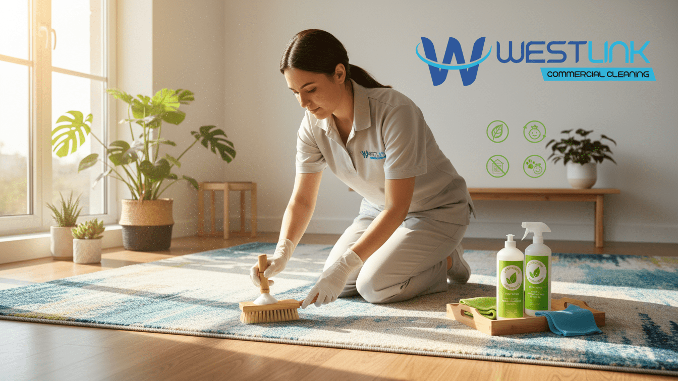 Rug being cleaned using eco-friendly, safe cleaning solutions.