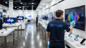 Clean electronics showroom with dust-free screens and anti-static maintained devices