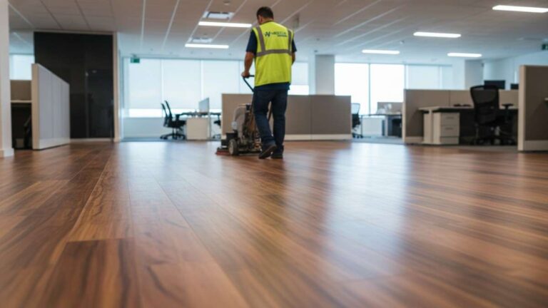 Gentle cleaning of engineered commercial hardwood floors to protect wood veneer