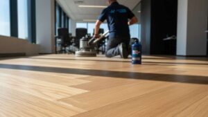 Well-maintained engineered wood flooring in a commercial space"