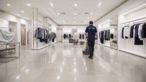 Clean fashion showroom with dust-free clothing displays, mirrors, and fitting rooms