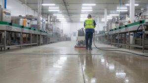 Concrete floor cleaning in food processing facilities to remove food residue, fats, and bacteria for hygiene compliance