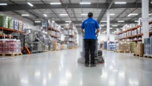 Clean and sanitized food and beverage warehouse with workers disinfecting floors, shelves, and storage areas to maintain hygiene and safety standards.