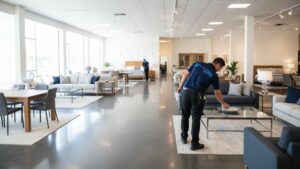 Clean and well-maintained furniture showroom with dust-free displays and clear glass surfaces