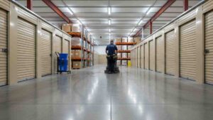 Clean and well-maintained general storage facility with workers organizing and sanitizing storage areas, shelves, and floors for a safe and efficient environment.