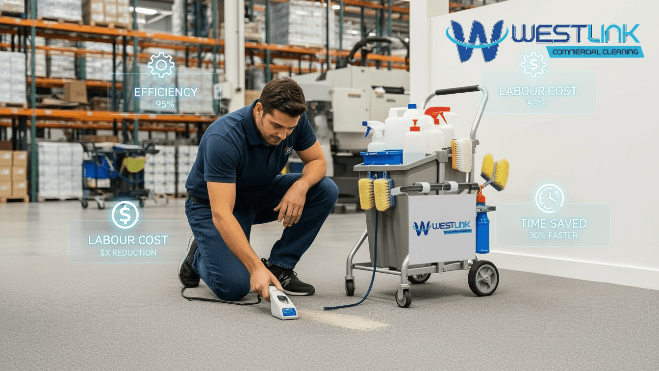 Professional cleaning equipment being used on industrial carpet, showing factors that influence cleaning costs.