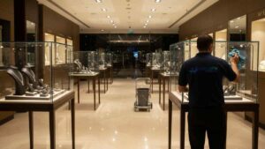 Spotless jewellery showroom with crystal-clear display cases and well-lit exhibits