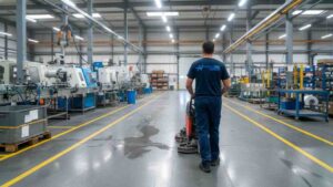 Workers cleaning a manufacturing warehouse, including sweeping floors, dusting machinery, and organizing storage areas to maintain a safe and efficient workspace.