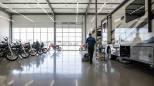 Clean motorcycle and RV showroom