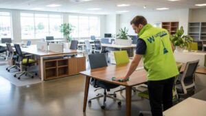 Clean office furniture showroom in Parramatta with dust-free desks, chairs, and workstations