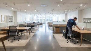 Clean office furniture showroom with dust-free desks, chairs, and workstation setups
