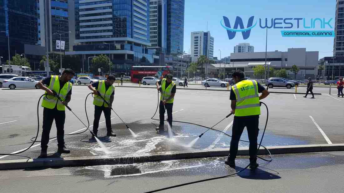 Team pressure cleaning grease from a parking lot in Parramatta, Sydney