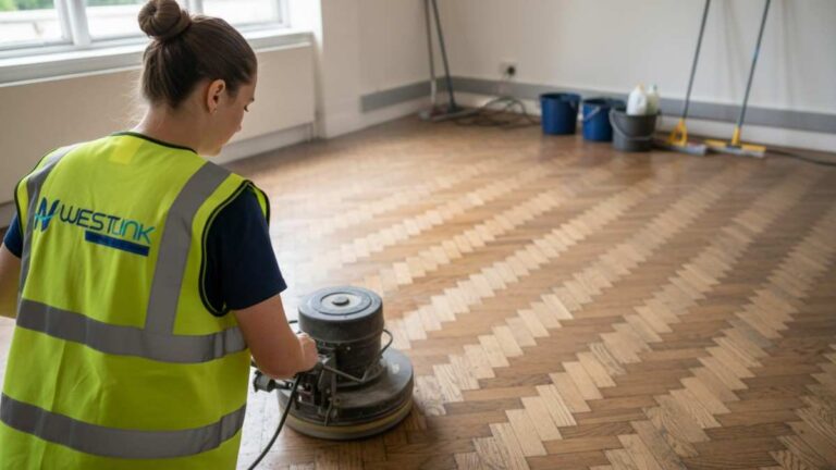 Professional cleaning of parquet flooring to restore geometric wood patterns