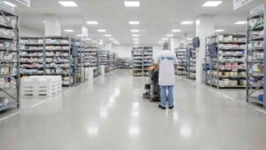 Professional cleaning of a pharmaceutical warehouse with workers disinfecting shelves, floors, and storage areas to ensure a sterile and compliant environment.