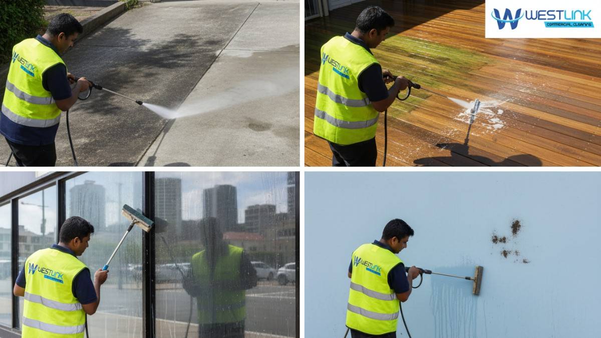 Realistic photo collage of pressure cleaning mould and mildew from concrete in Surry Hills, timber in Bondi, glass in Parramatta, and painted surfaces in Chatswood, Sydney.
