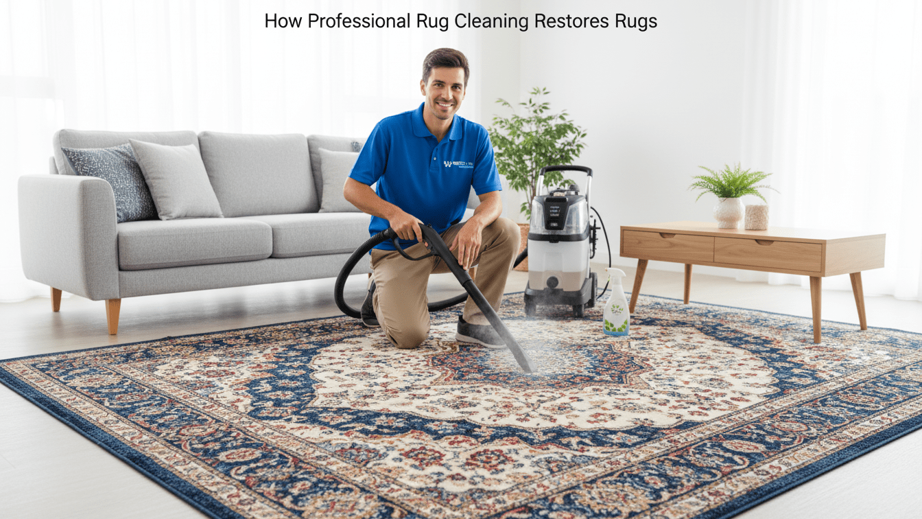 Rug being professionally cleaned and restored.
