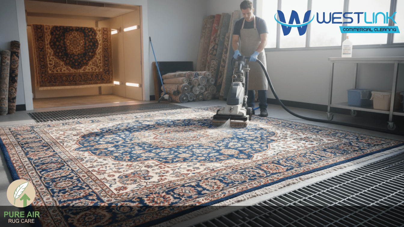 Before and after comparison of a rug showing restored colors and patterns after professional cleaning.