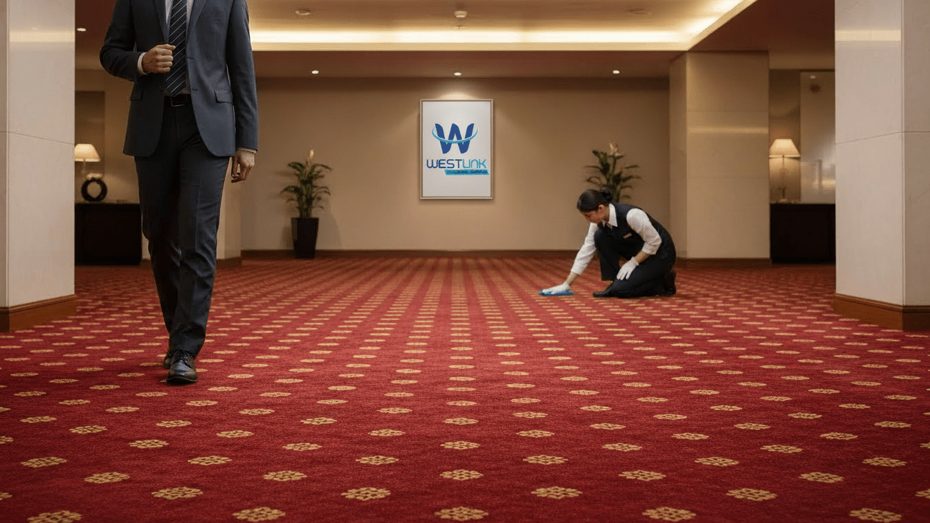 Hotel carpet being professionally cleaned to maintain appearance and extend its lifespan.