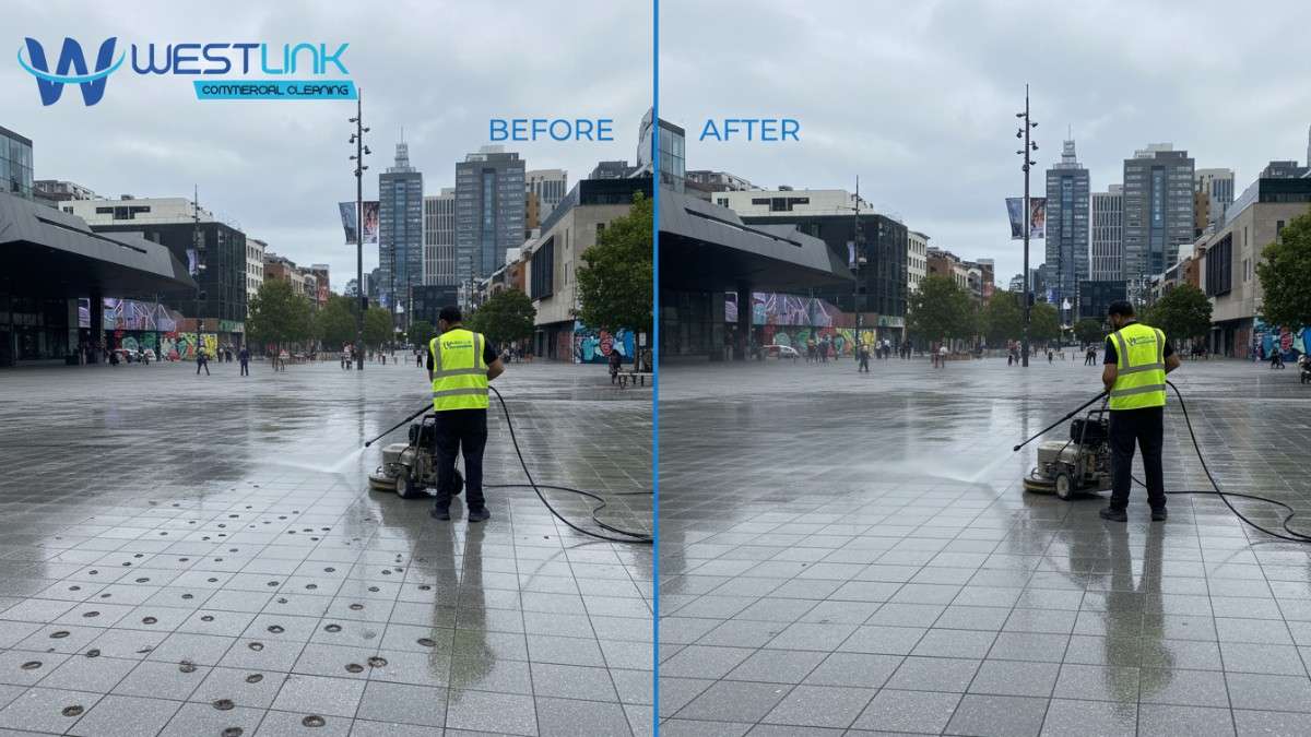 Technician using backpack pressure cleaner to remove gum from bricks in South Bank, Brisbane, Australia