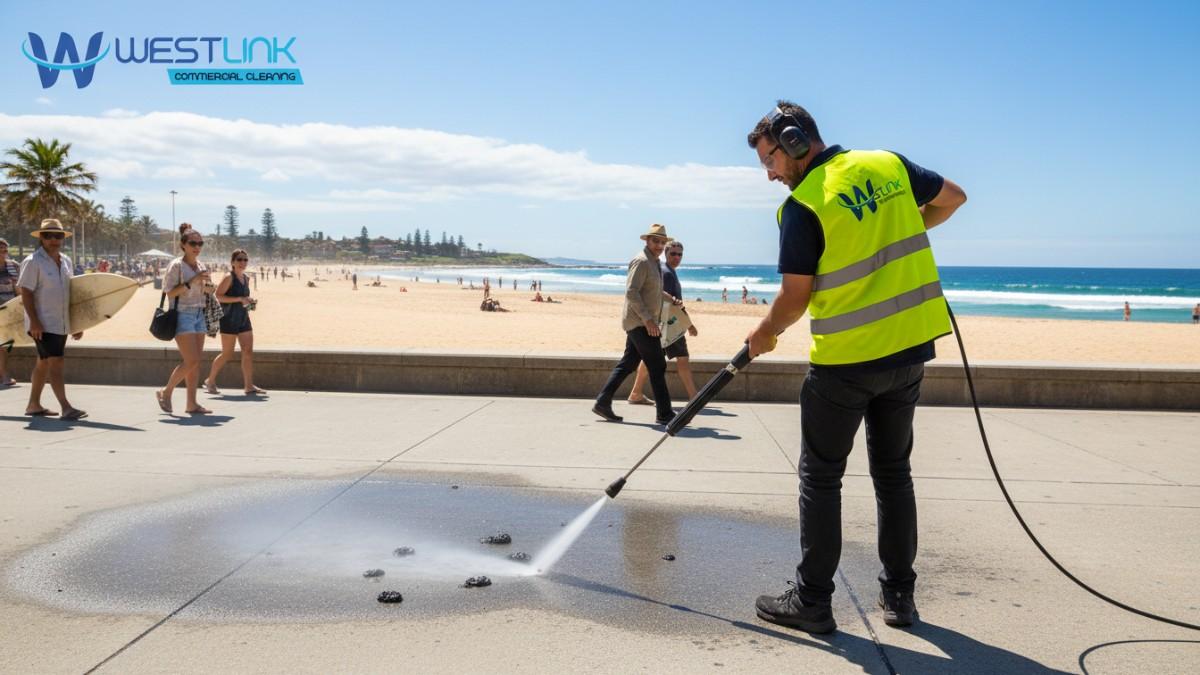 Professional pressure cleaning service removing chewing gum from a sidewalk in Bondi Beach, Sydney, Australia.