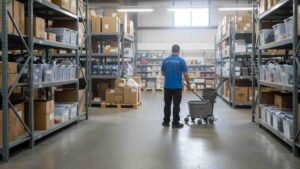 Clean and organized retail storage facility with workers sanitizing shelves, aisles, and storage areas to maintain a safe and efficient environment.