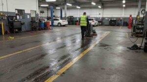 Concrete floor cleaning at service stations and workshops to remove fuel, oil, and grease using professional degreasing methods