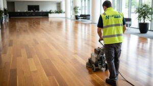 Cleaning solid commercial hardwood floors while preserving natural wood grain