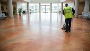 Cleaning of stained, stamped, and decorative concrete in commercial spaces while preserving the finish