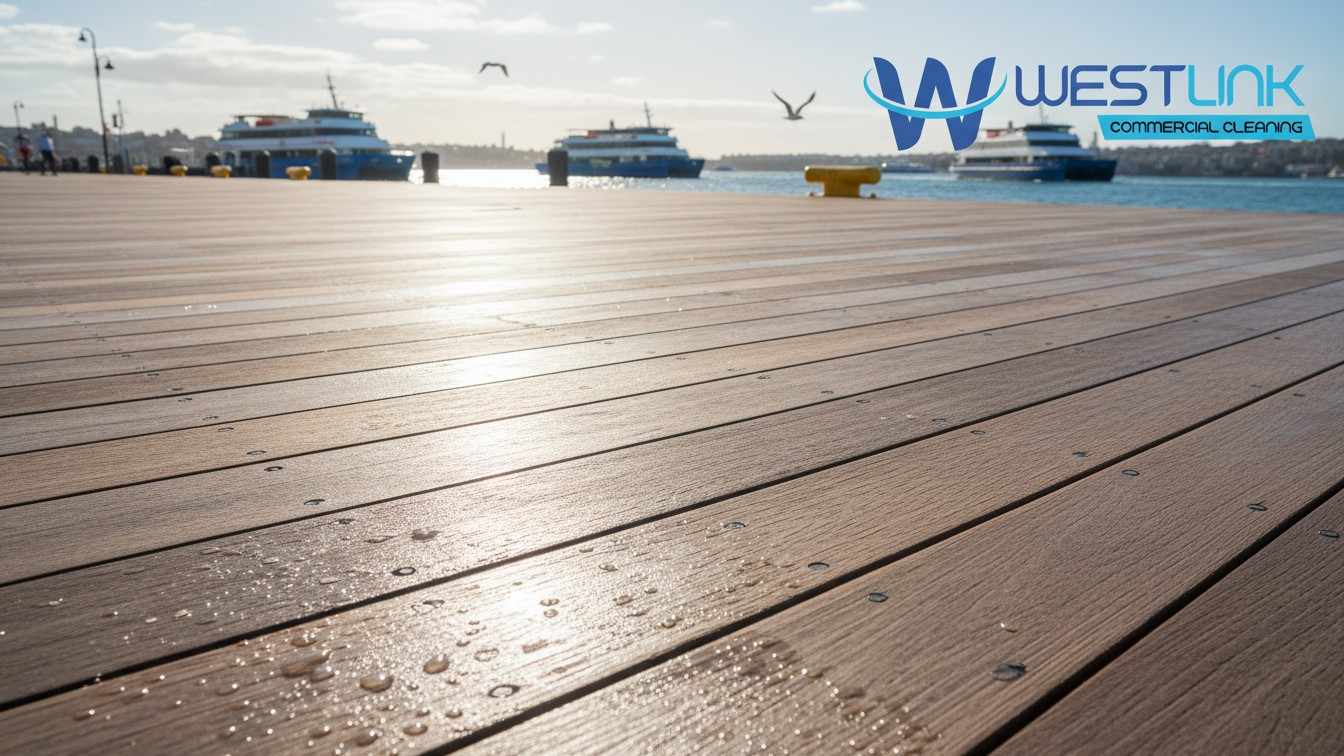 Pressure-cleaned timber deck at Manly Wharf with safe marine cleaning.