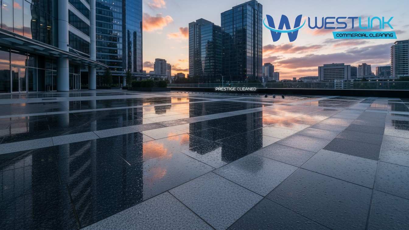 Dawn shot of safe pressure-cleaned office forecourt in Chatswood.