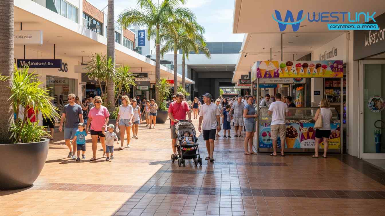 Vibrant pressure-cleaned tiled mall in Cronulla with safe cleaning.