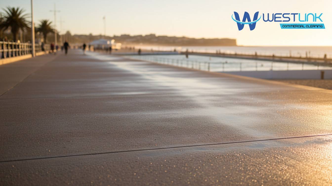 Freshly pressure-cleaned Bondi Beach boardwalk with safe commercial cleaning.