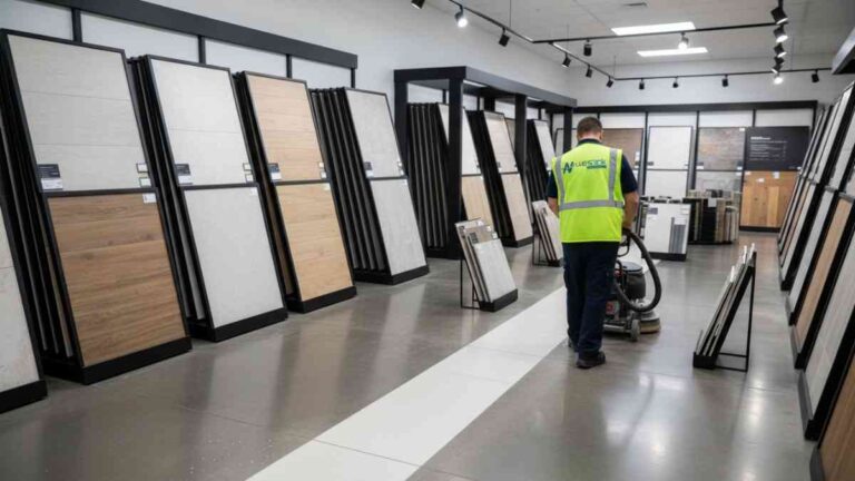 Clean tile and flooring showroom in Parramatta with dust-free sample boards and polished display racks