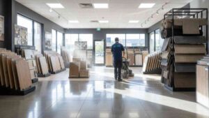 Clean tile and flooring showroom with dust-free samples and polished display racks