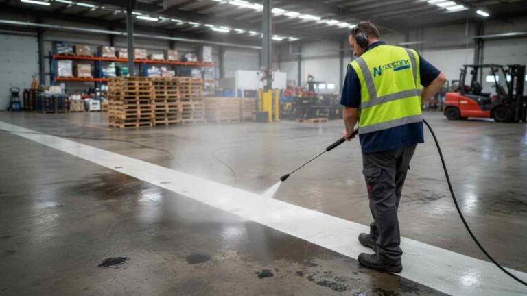 High-pressure hot water cleaning of industrial warehouse and factory floors in Sydney, removing oil spills, grime, and dirt from heavy machinery areas