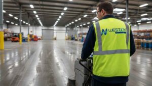Industrial warehouse concrete floor cleaning to remove grease, chemical spills, and heavy dirt