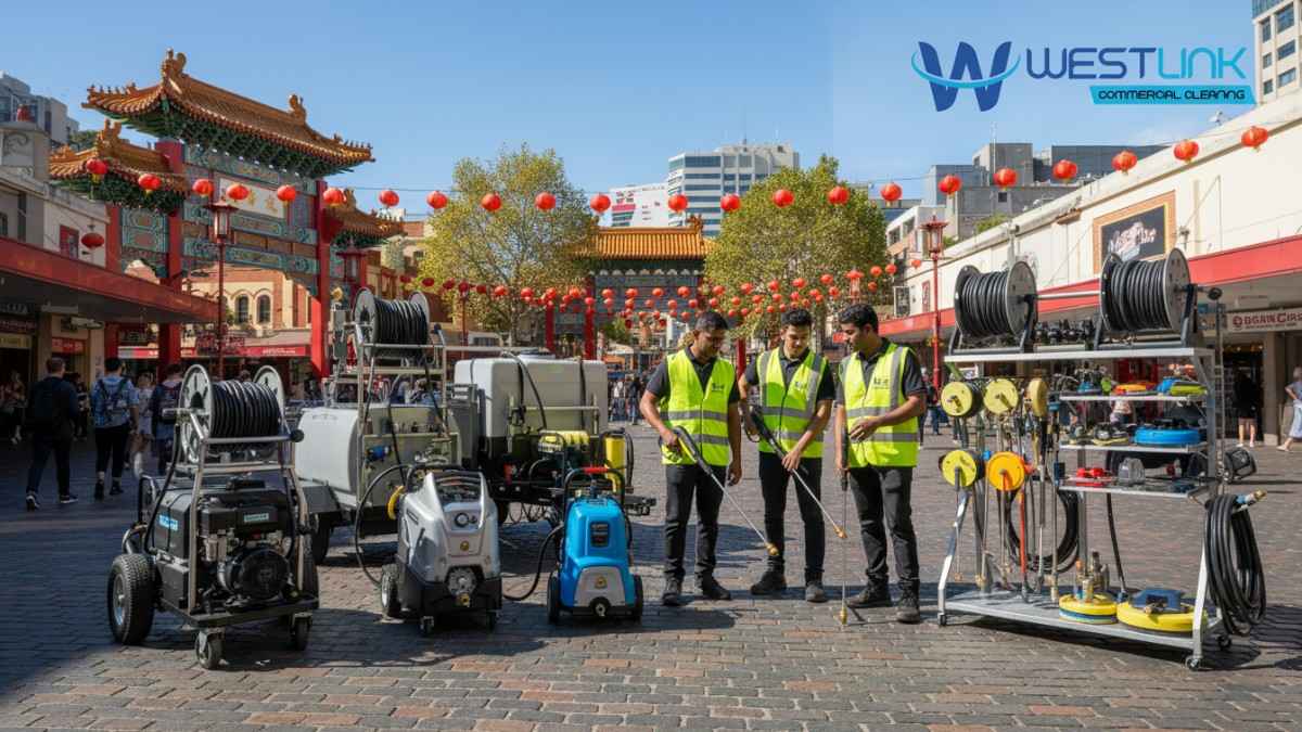llustration of different commercial pressure cleaning equipment types displayed in Haymarket, NSW, with urban Sydney backdrop.
