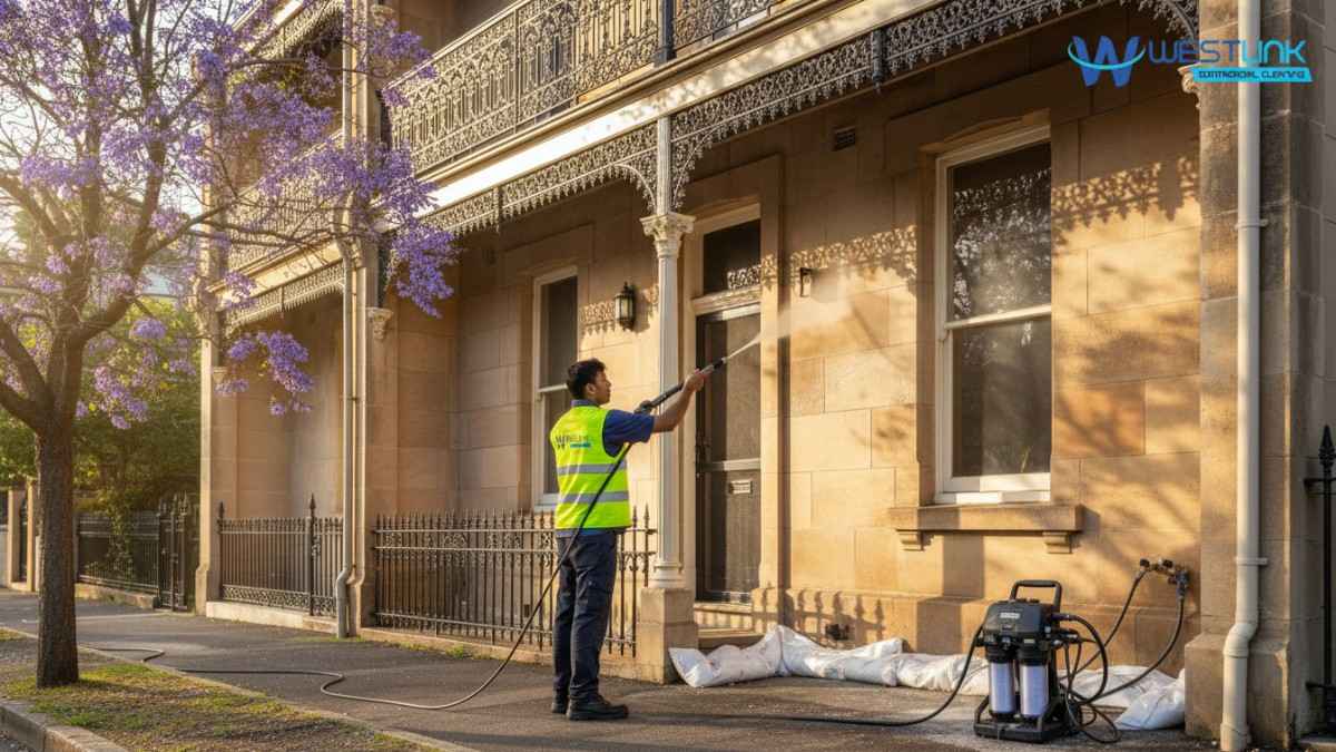 Technician using low-pressure, filtered system to clean heritage sandstone terrace in Paddington NSW 2021. Runoff captured in silt bags.