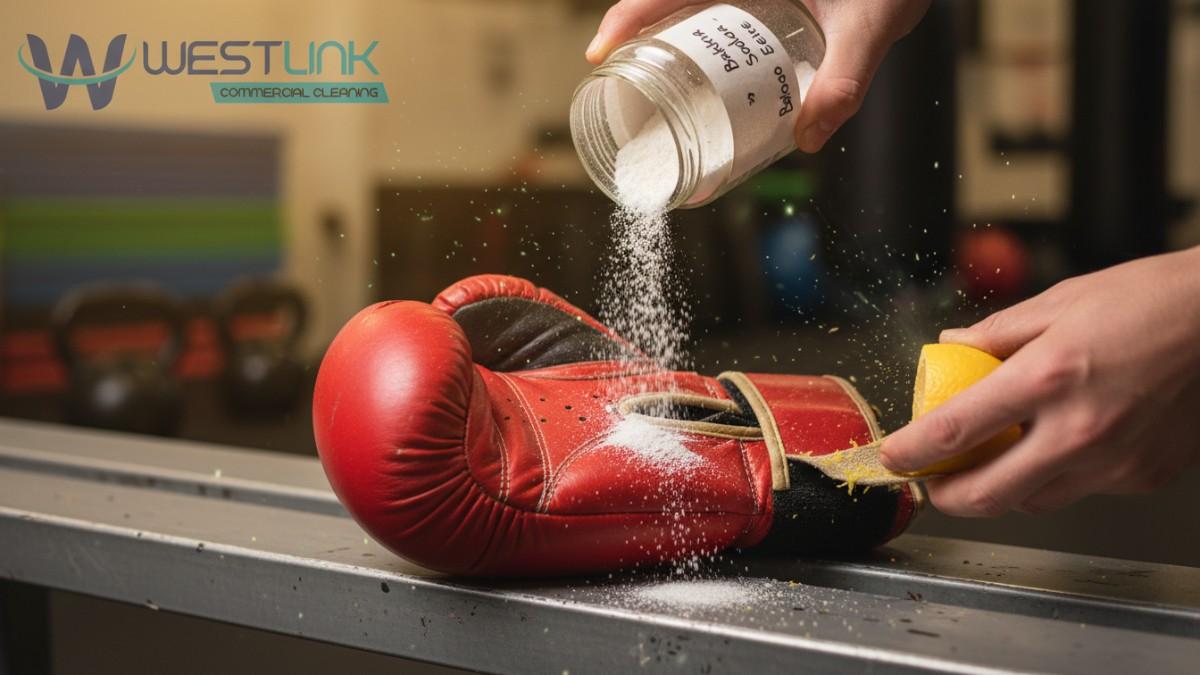 Extreme close-up in Redfern gym: baking soda poured into sweaty boxing glove, lemon zest on strap – natural odor removal in action.