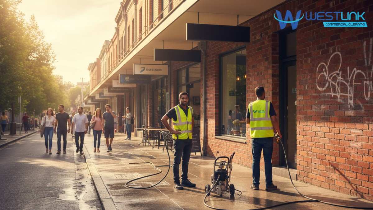 Image of pressure cleaning in action on shop fronts in Surry Hills, transforming dirty exteriors to pristine conditions.