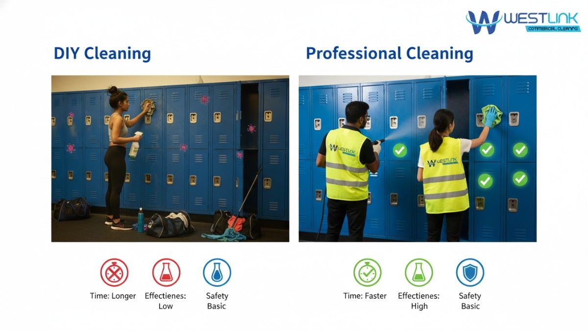 Split comparison image showing DIY home cleaning versus professional disinfection of commercial gym lockers, highlighting differences in results and effectiveness.
