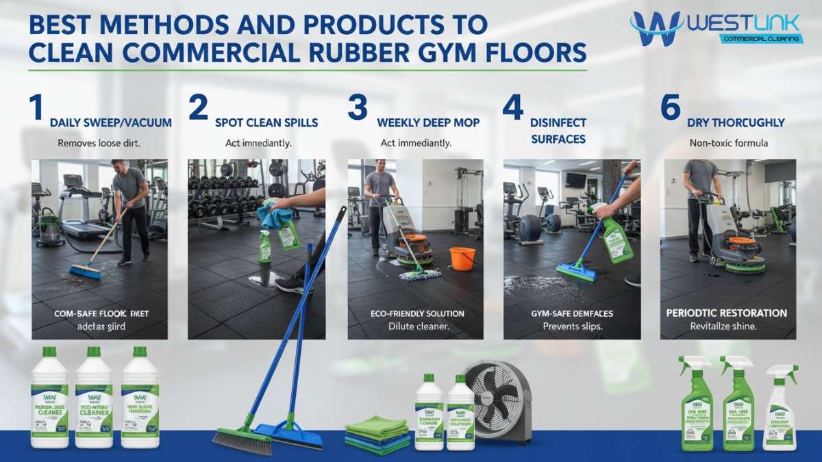Step-by-step infographic showing best methods and products for cleaning commercial rubber gym floors, with illustrations of sweeping, mopping, disinfecting, and safe cleaning supplies in a gym setting.