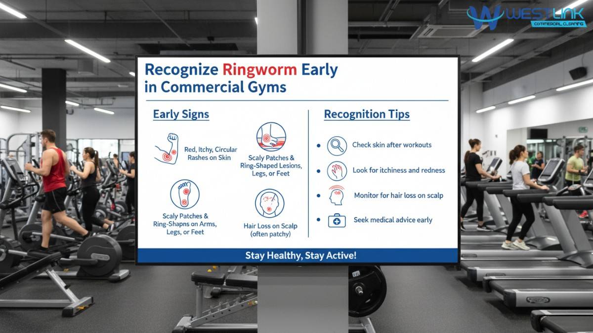 Infographic on recognizing early ringworm in gyms, showing symptoms like red rashes