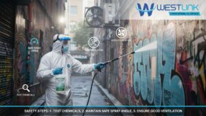 Pressure cleaning operator in full PPE washing wall in Surry Hills, NSW 2010, Australia, with controlled spray