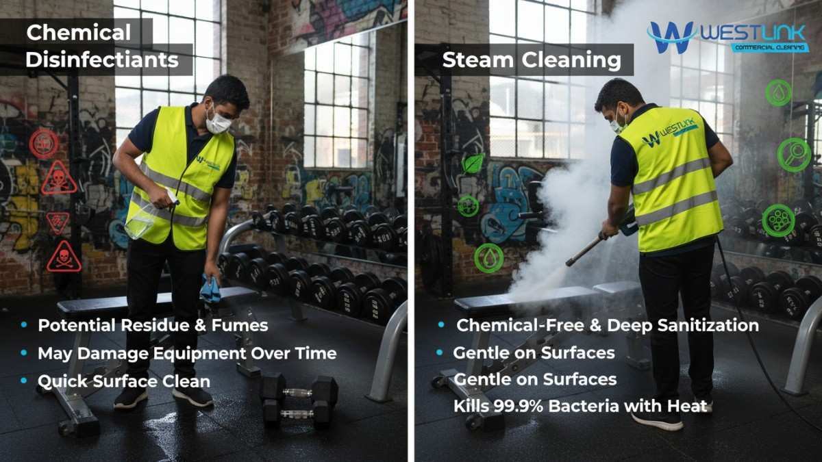 Split comparison image of chemical spray cleaning versus steam vapor cleaning on gym equipment in an Inner West Sydney commercial gym.