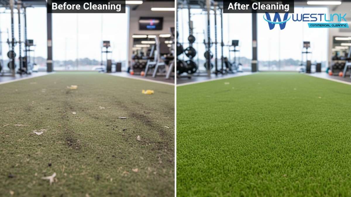 Before and after split view of artificial gym turf – dirty and stained on left, perfectly clean and vibrant on right, in a NSW, Sydney commercial gym.