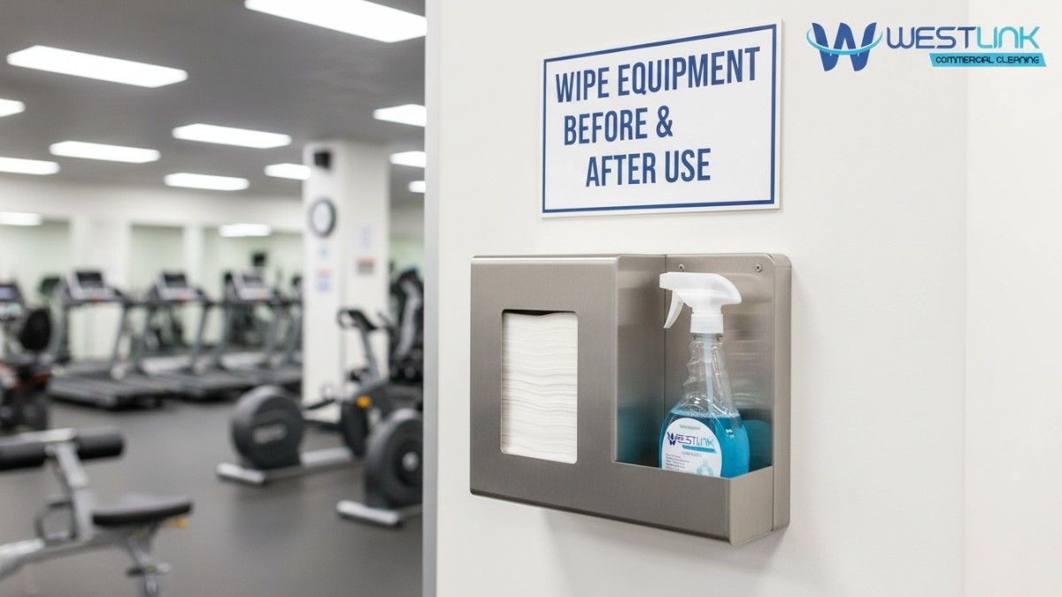 Gym sanitation station with spray bottle, paper towels, and clear signage.