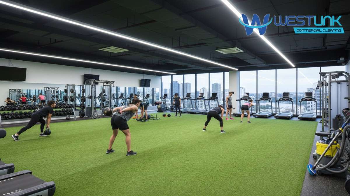Clean artificial turf being maintained in a commercial gym located in Parramatta, NSW, emphasizing its role in fitness safety and cleanliness.