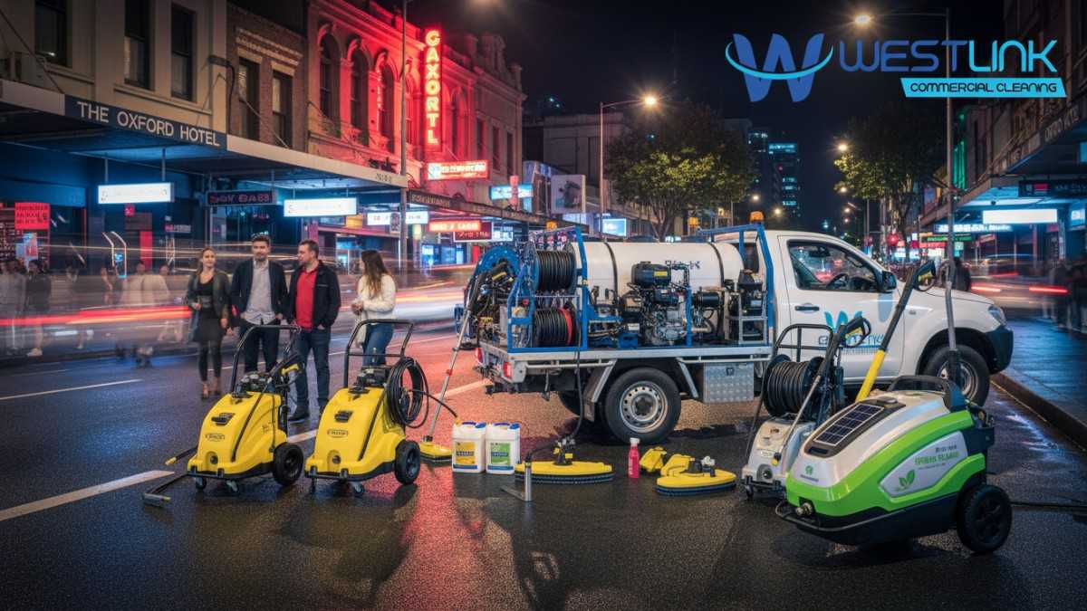 Image of multiple commercial pressure cleaning equipment varieties set in Darlinghurst, NSW, with city nightlife elements.