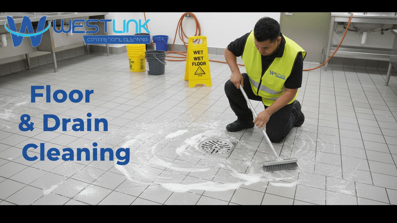 Cleaning floors and drains.
